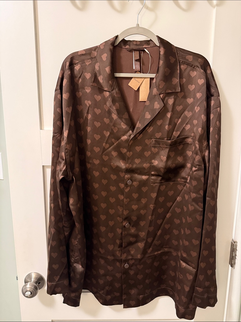 SKIMS Brown Heart-Print Satin Button-Down Shirt + Pants Lounge/Sleep Set Men’s